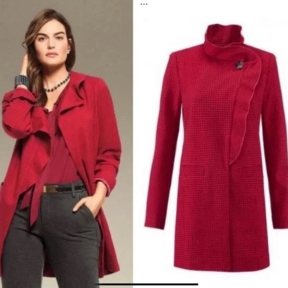 CAbi Celebration Red Houndstooth Ruffle Longline Wrap Jacket Coat 3546 Womens XS - Picture 3 of 16